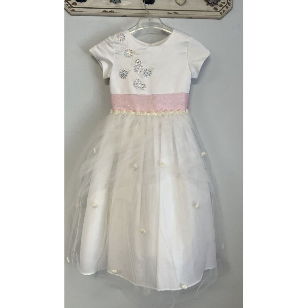 US Angels Flower Girls Dress White Silver Sparkle Pink Ribbon size 8 - Picture 1 of 7